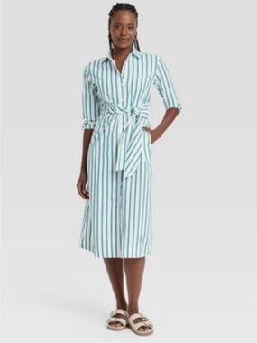 Universal Thread White Midi Shirt Dress with Teal Stripes